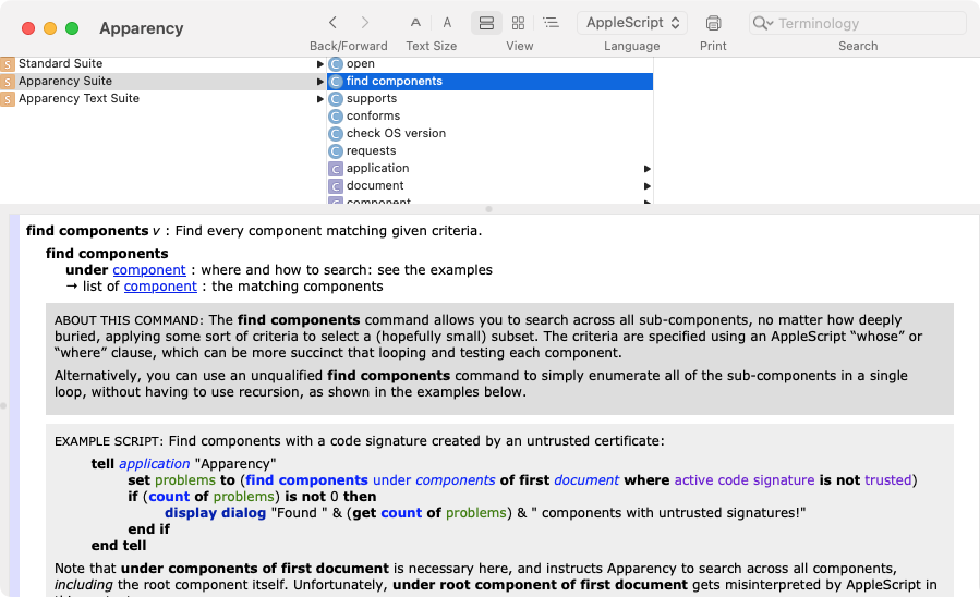 the Apparency scripting dictionary